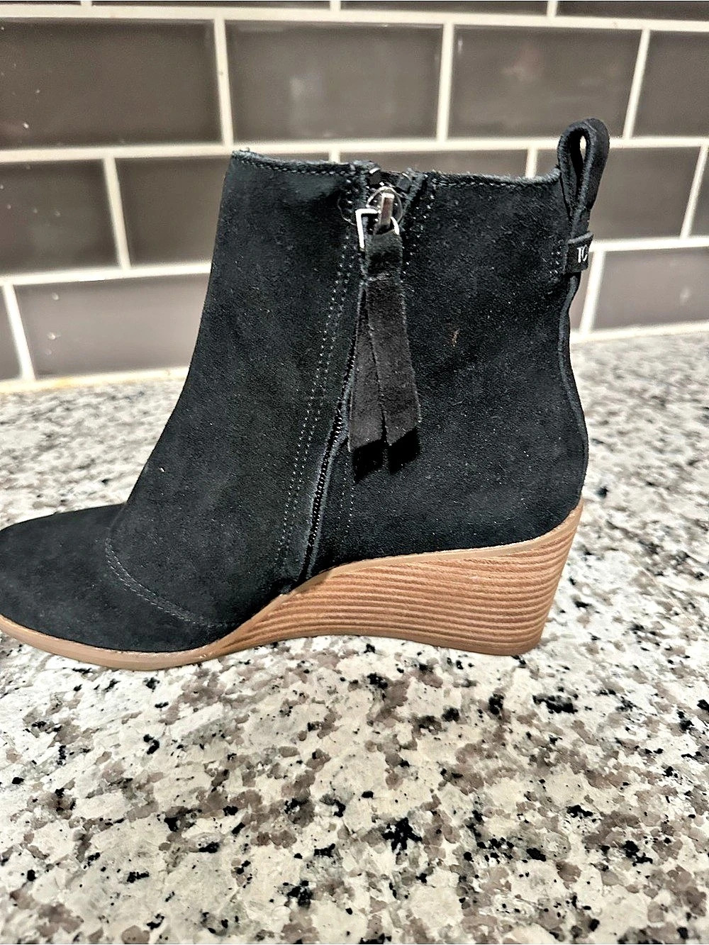 TOMS Goldie Wedge Ankle Bootie Black Suede-Look Wedge Booties